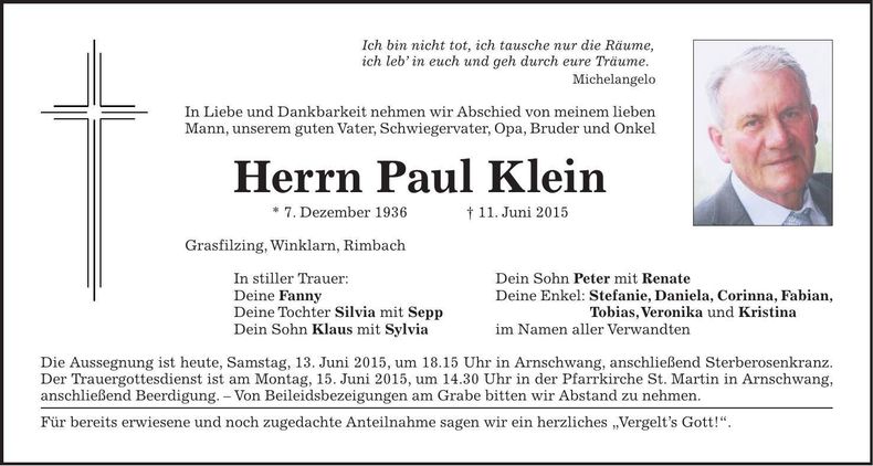 Traueranzeige Paul Klein
