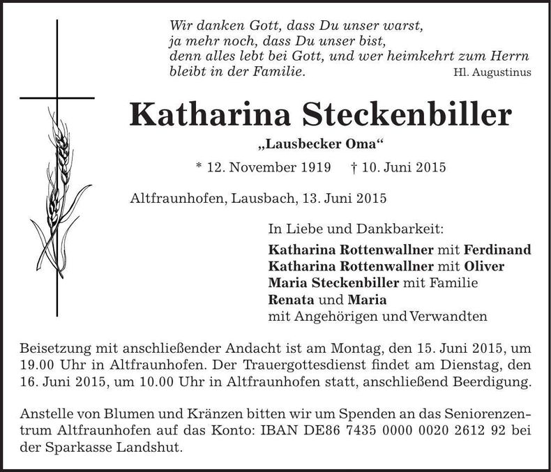 Traueranzeige Katharina Steckenbiller