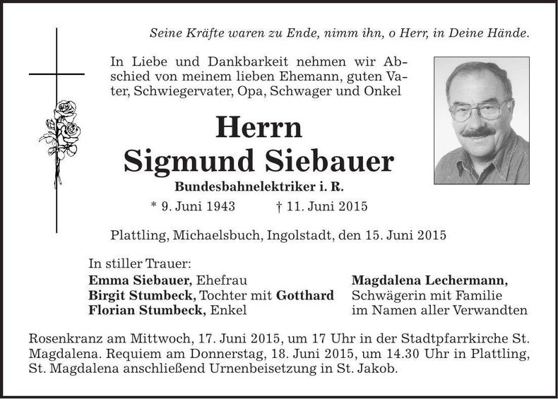 Traueranzeige Sigmund Siebauer