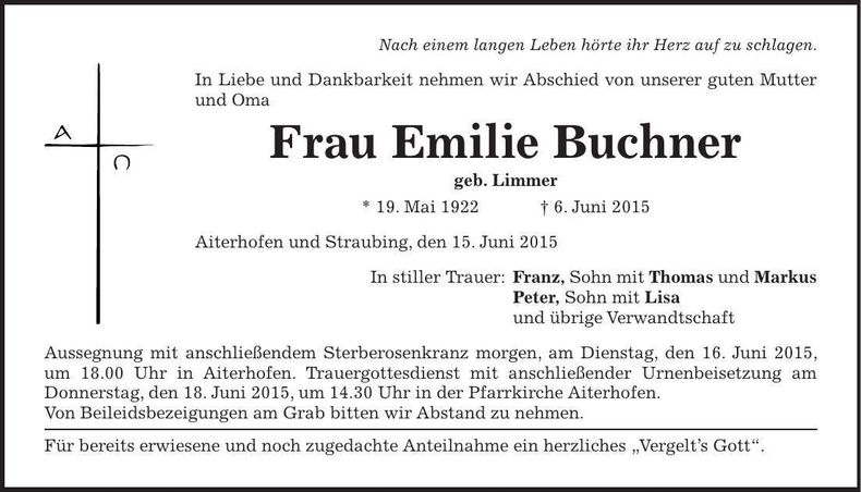 Traueranzeige Emilie Buchner