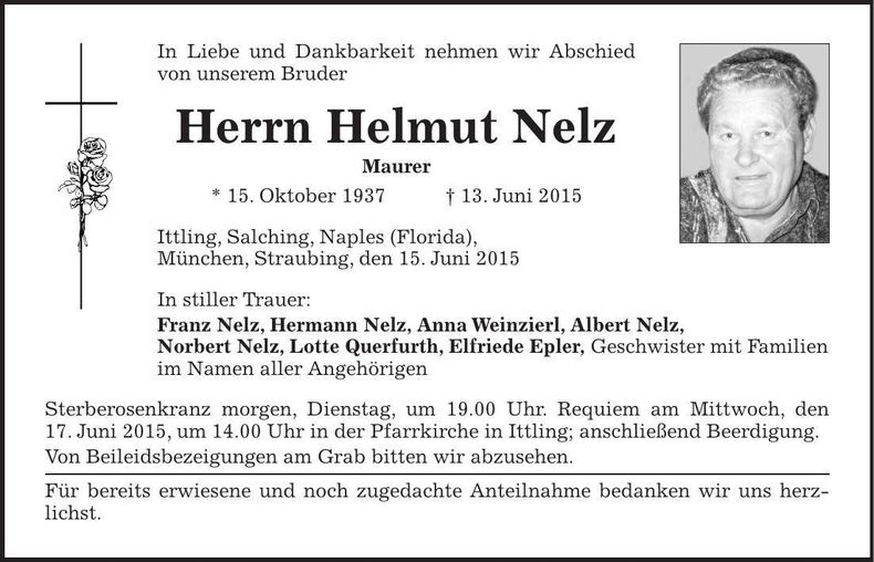 Traueranzeige Helmut Nelz