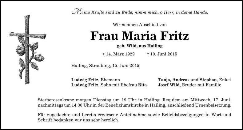 Traueranzeige Maria Fritz
