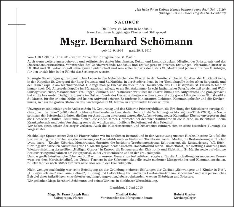 Traueranzeige Bernhard Schömann