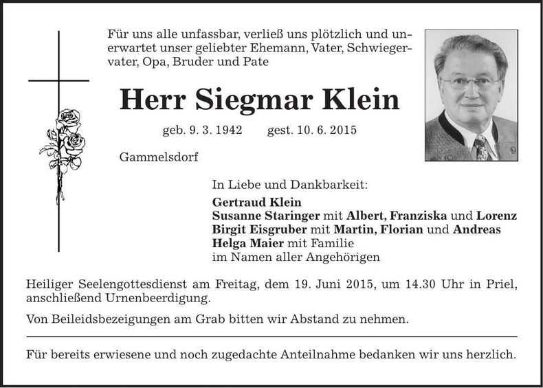 Traueranzeige Siegmar Klein