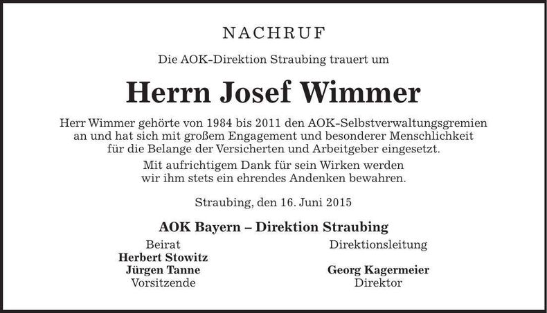 Traueranzeige Josef Wimmer