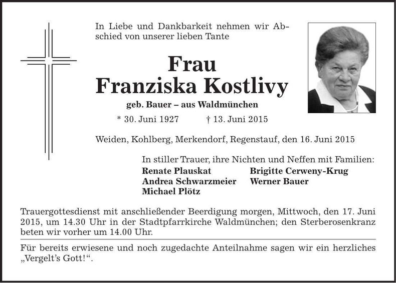 Traueranzeige Franziska Kostlivy