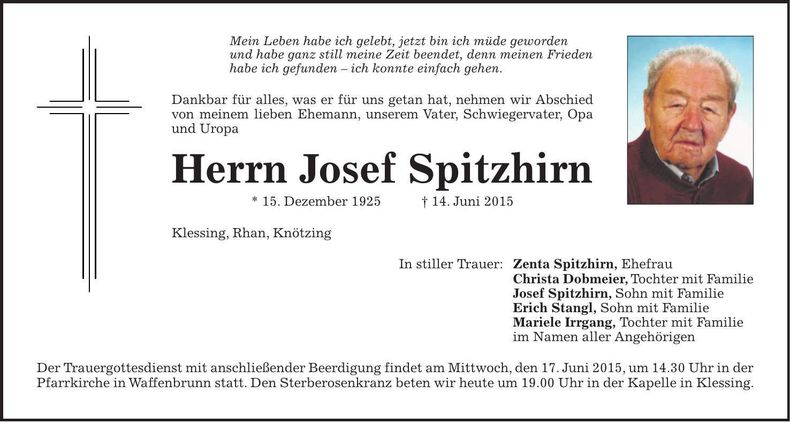 Traueranzeige Josef Spitzhirn
