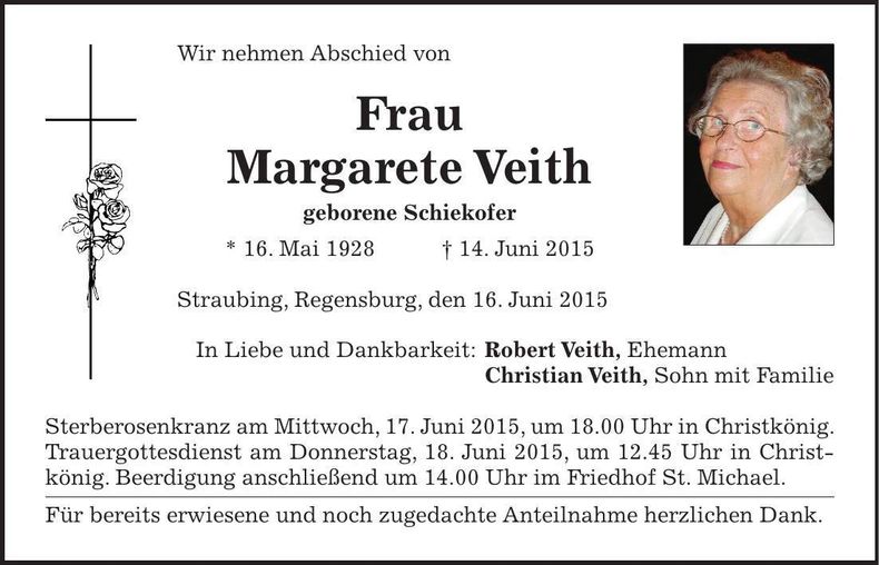 Traueranzeige Margarete Veith