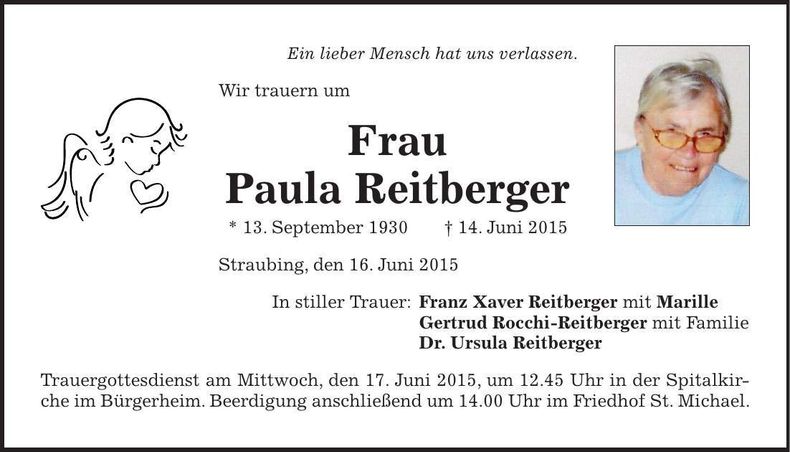 Traueranzeige Paula Reitberger