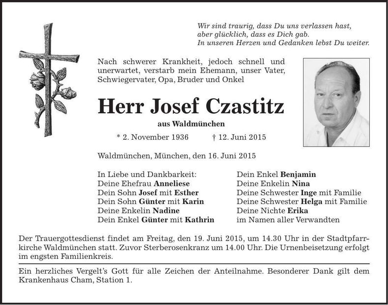 Traueranzeige Josef Czastitz