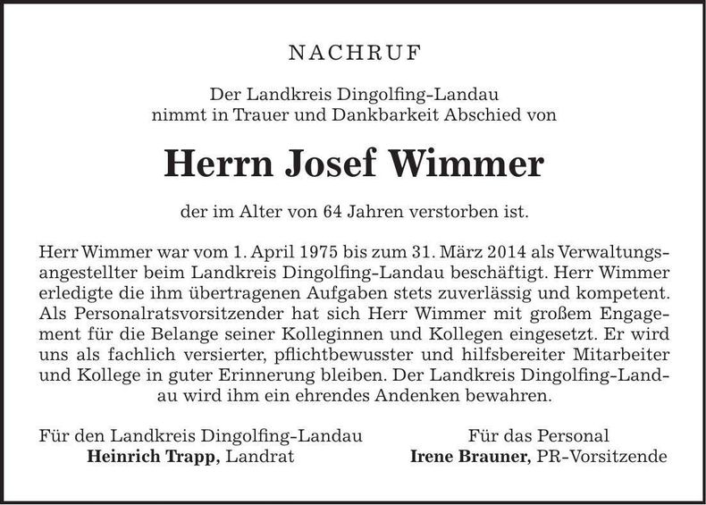 Traueranzeige Josef Wimmer