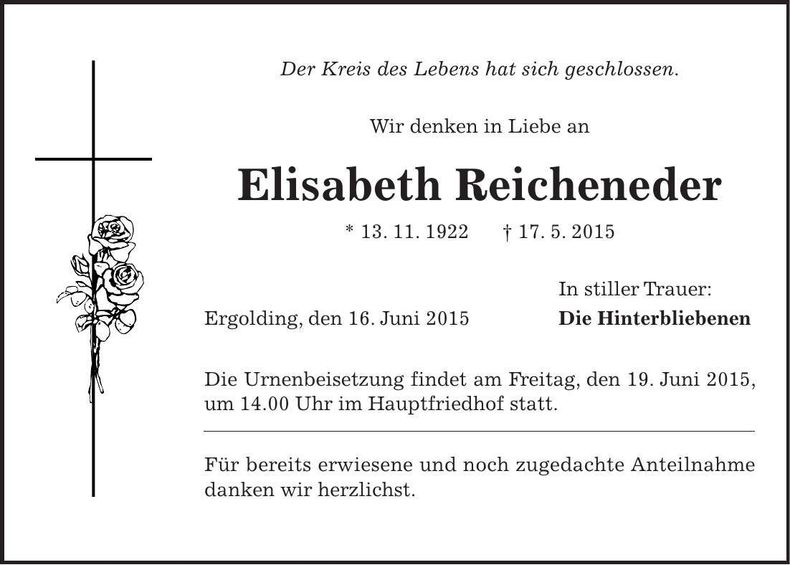 Traueranzeige Elisabeth Reicheneder