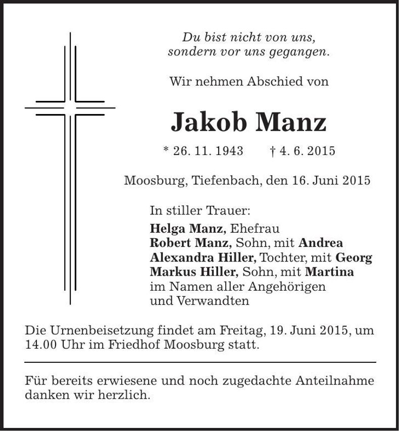 Traueranzeige Jakob Manz