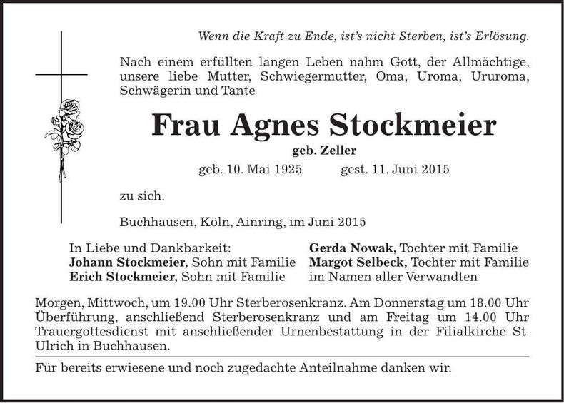 Traueranzeige Agnes Stockmeier