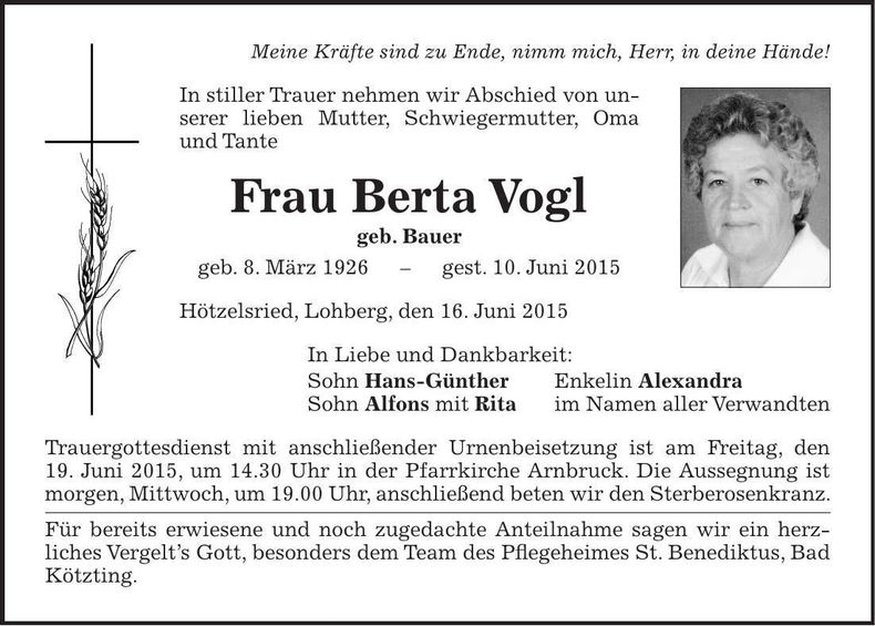 Traueranzeige Berta Vogl