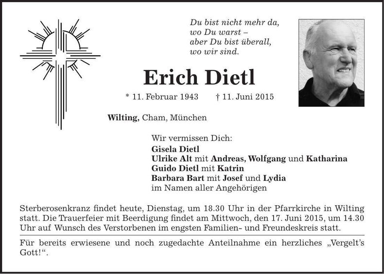 Traueranzeige Erich Dietl