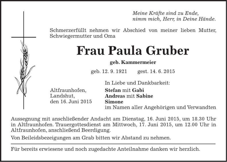 Traueranzeige Paula Gruber