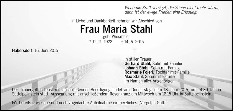 Traueranzeige Maria Stahl