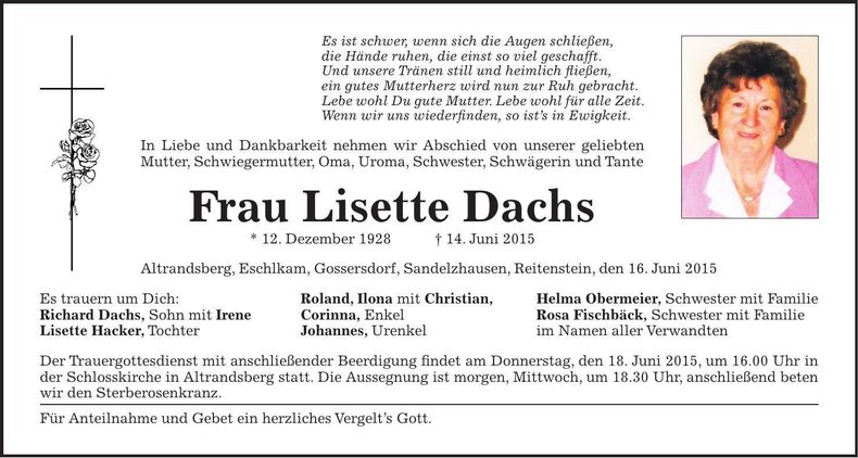 Traueranzeige Lisette Dachs