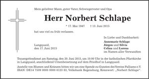 Traueranzeige Norbert Schlape