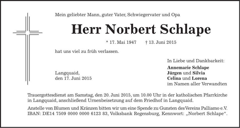 Traueranzeige Norbert Schlape