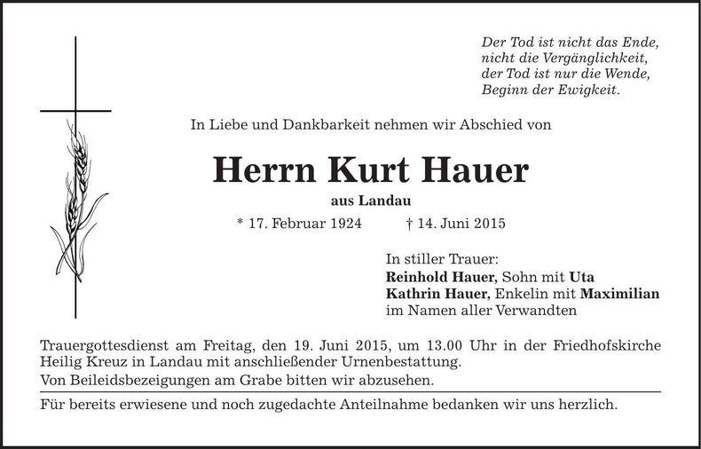 Traueranzeige Kurt Hauer