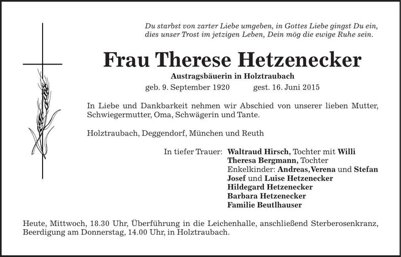Traueranzeige Therese Hetzenecker