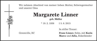 Traueranzeige Margarete Linner