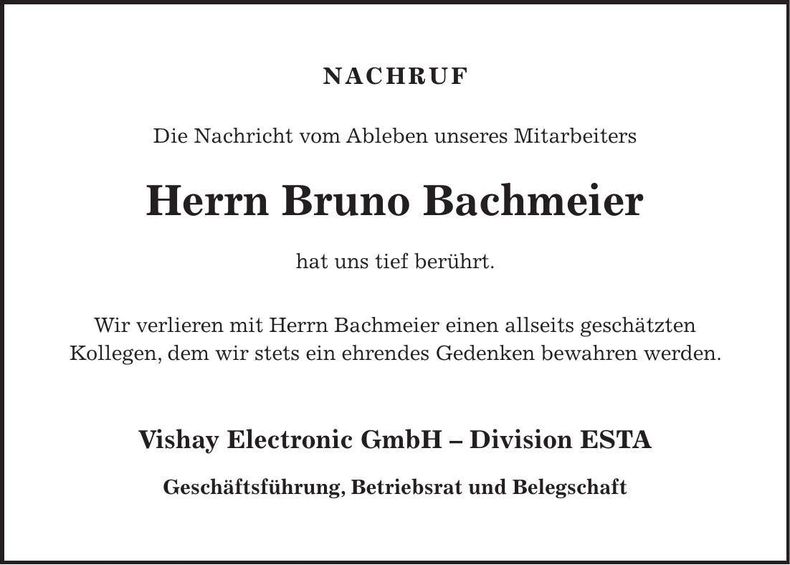 Traueranzeige Bruno Bachmeier