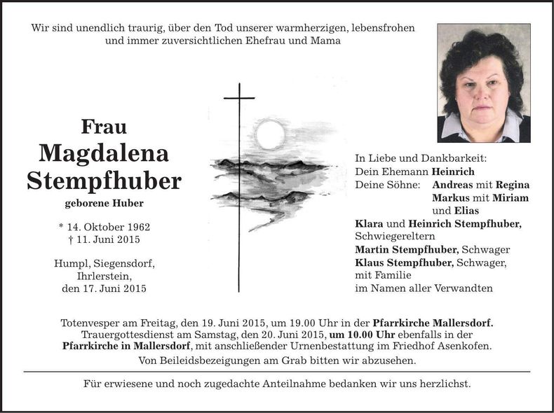 Traueranzeige Magdalena Stempfhuber