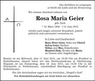Traueranzeige Rosa Maria Geier