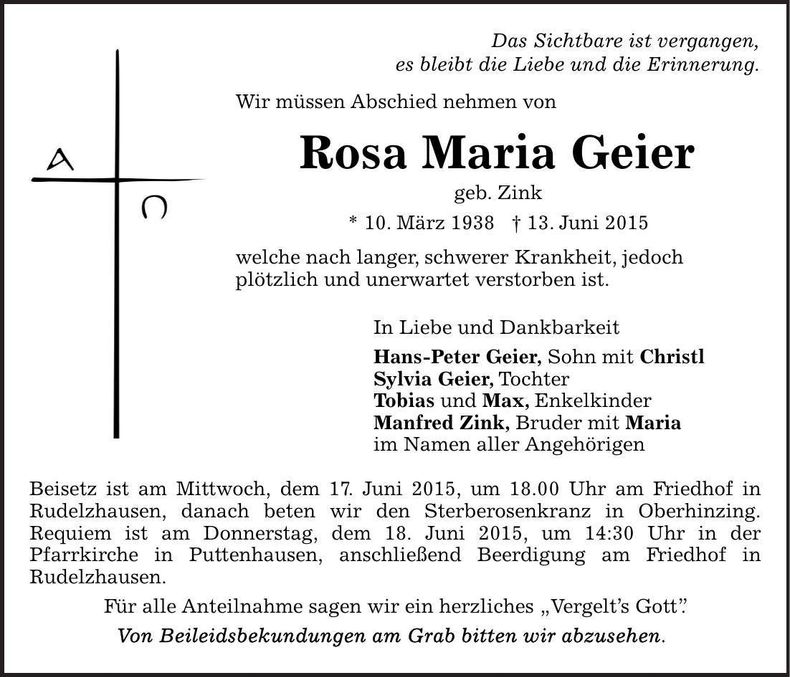 Traueranzeige Rosa Maria Geier