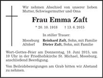 Traueranzeige Emma Zaft