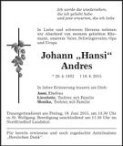 Traueranzeige Johann Andres