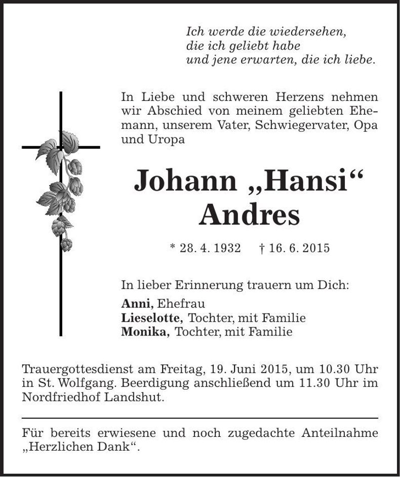 Traueranzeige Johann Andres