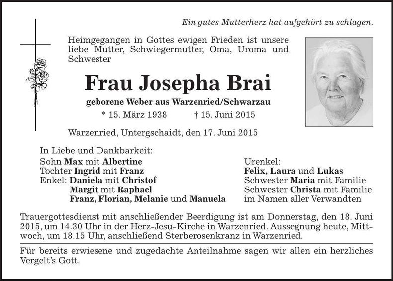 Traueranzeige Josepha Brai
