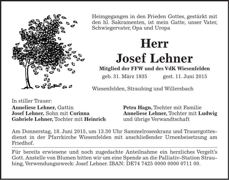 Traueranzeige Josef Lehner
