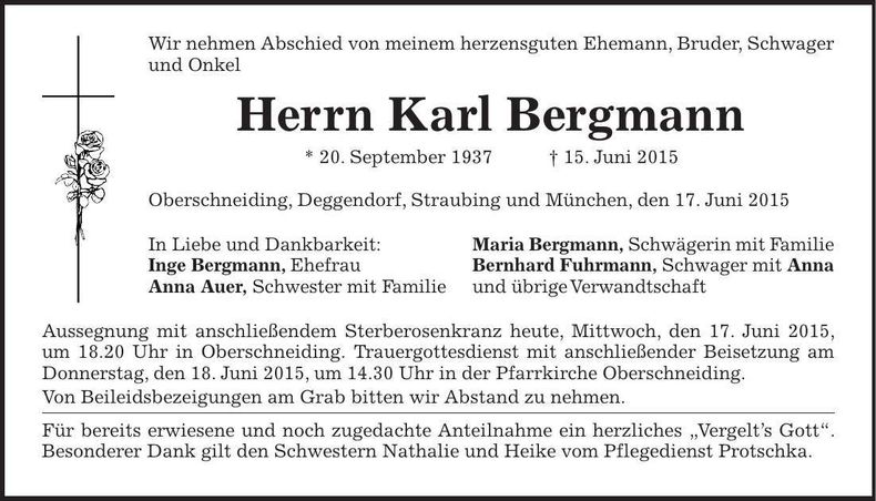 Traueranzeige Karl Bergmann