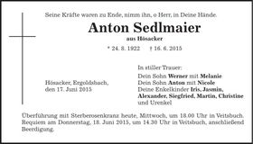 Traueranzeige Anton Sedlmaier