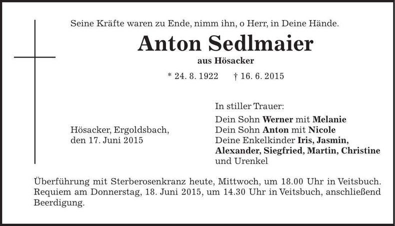 Traueranzeige Anton Sedlmaier