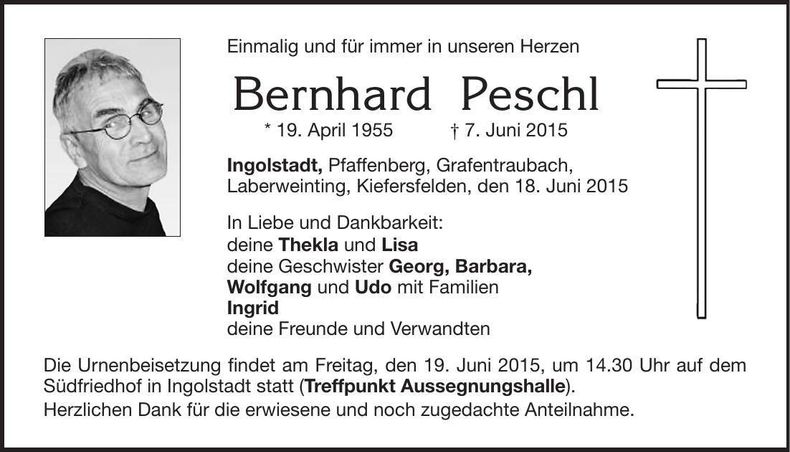 Traueranzeige Bernhard Peschl