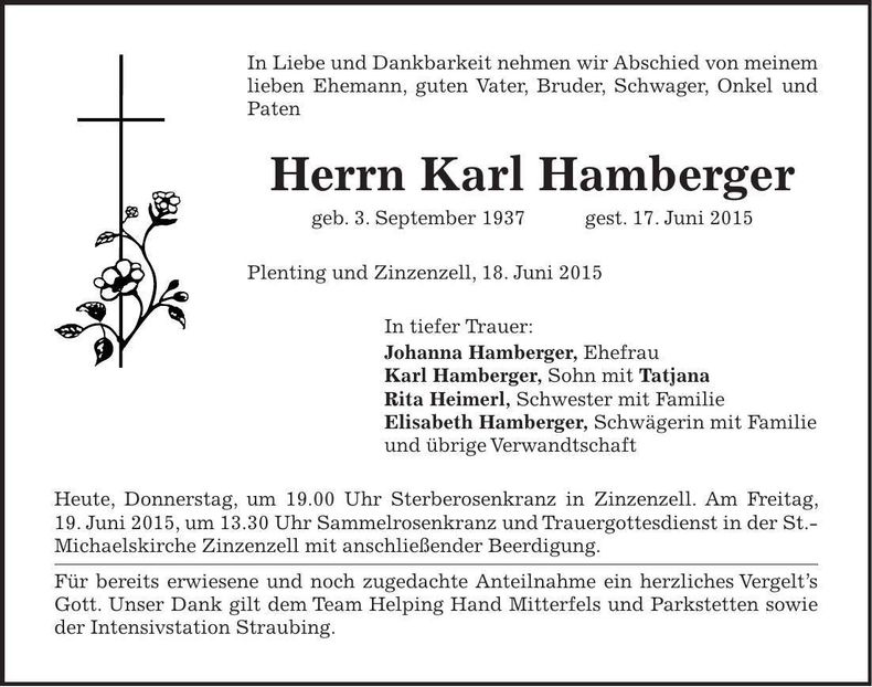 Traueranzeige Karl Hamberger