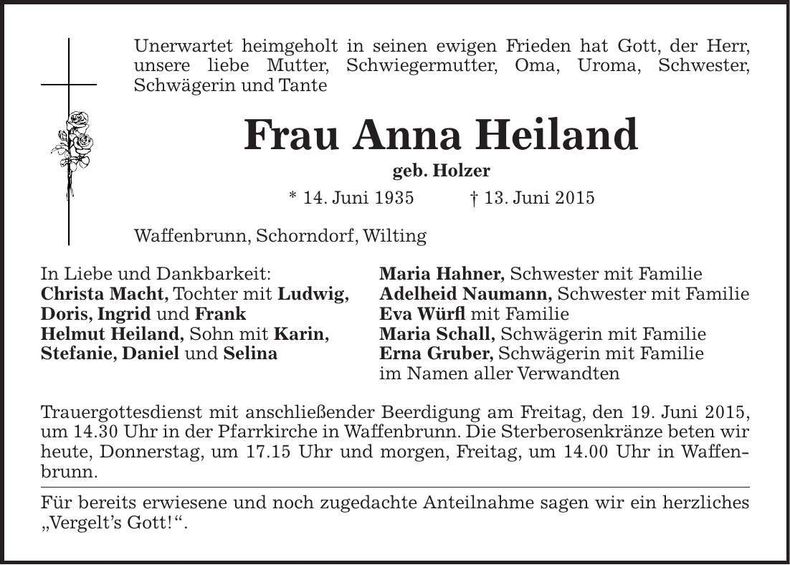 Traueranzeige Anna Heiland