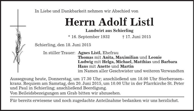 Traueranzeige Adolf Listl