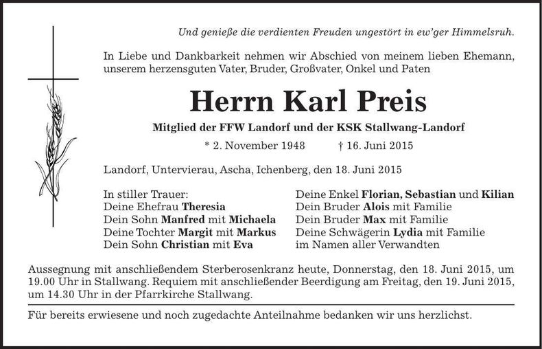 Traueranzeige Karl Preis