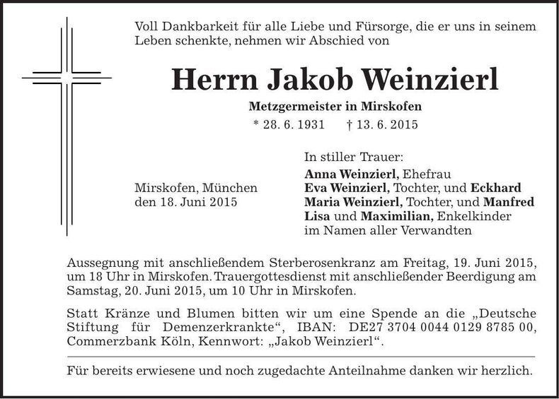 Traueranzeige Jakob Weinzierl