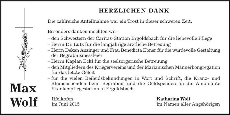 Traueranzeige Max Wolf