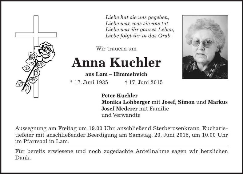 Traueranzeige Anna Kuchler