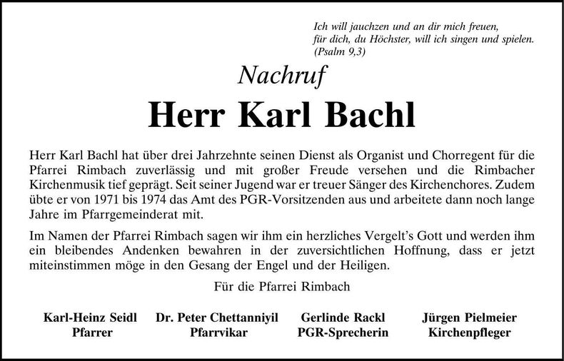 Traueranzeige Karl Bachl