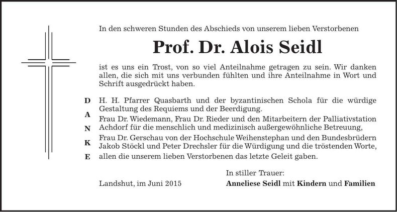 Traueranzeige Alois Seidl